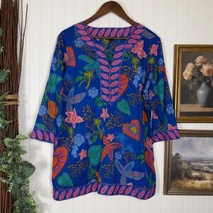 Talbots Woman Petites Blue Tropical Floral Palm Tree Tunic Top 2XP 3/4 Sleeve